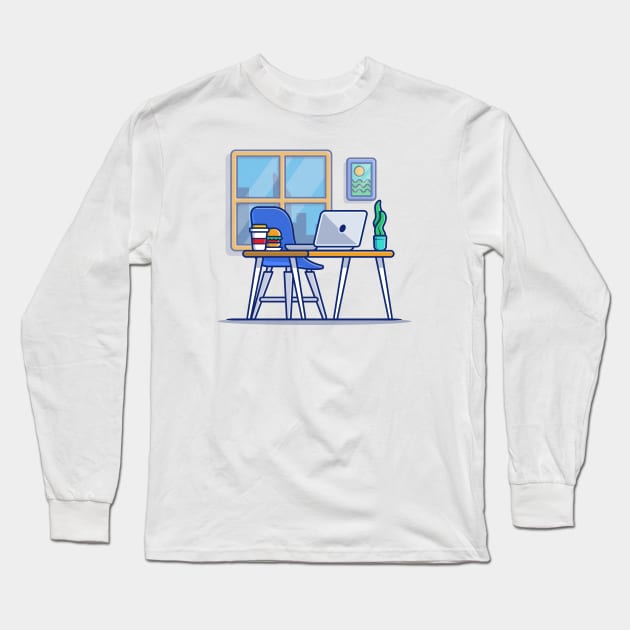 Workspace Laptop With Burger And Plant Long Sleeve T-Shirt by Catalyst Labs